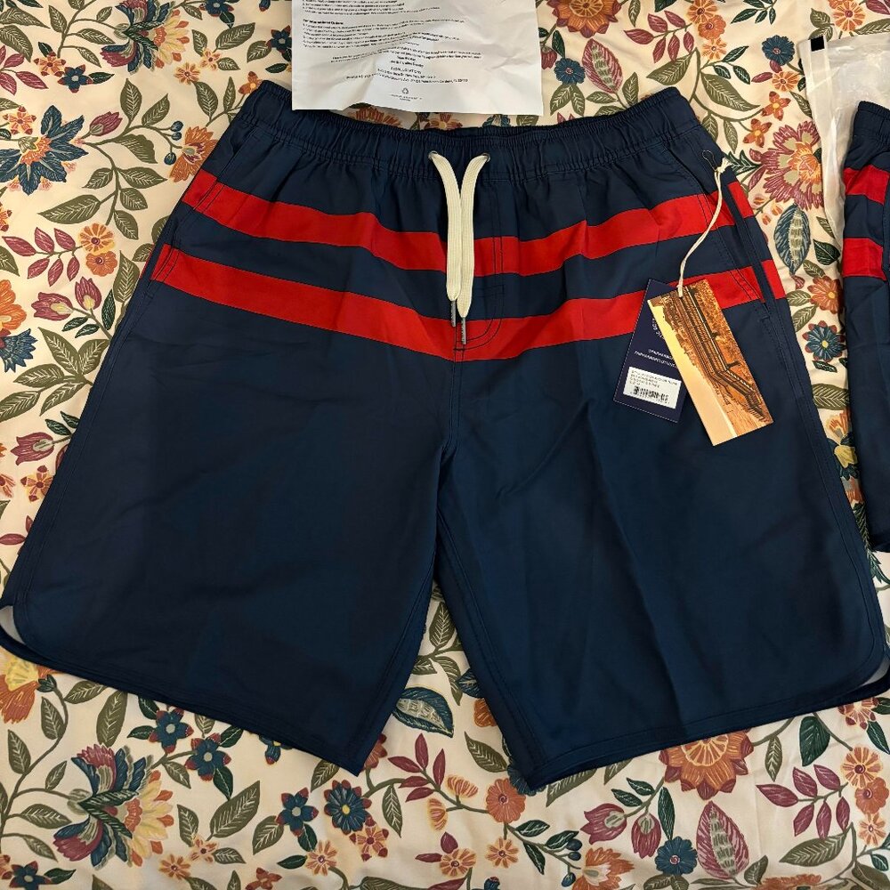 Fair Harbor Anchor Swim Shorts - 8" Inseam Blue Red Stripe